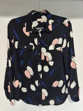 Ann Taylor Loft MP Tulip Floral Button Front Blouse Black Pink Roll Tab Sleeve